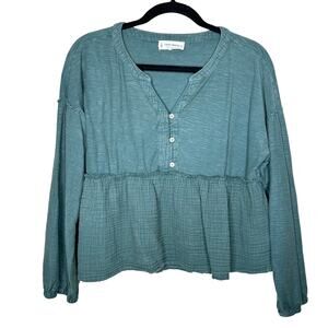 Lucky Brand Henley Gauze Boho Peasant Blouse Popover Teal Green Size XS